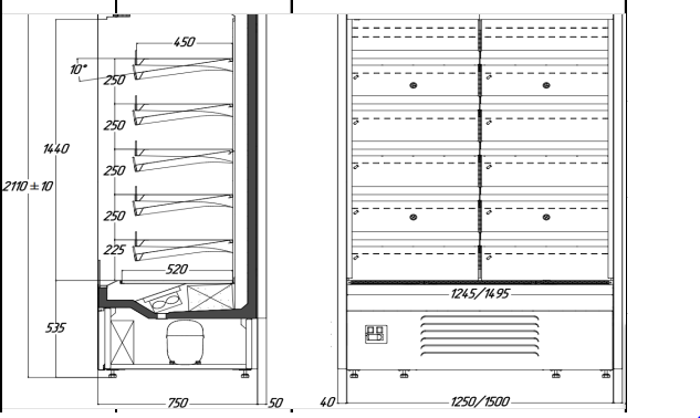 Пристенная вертикальная холодильная витрина (регал) Juka ADХ125 (без боковых панелей)