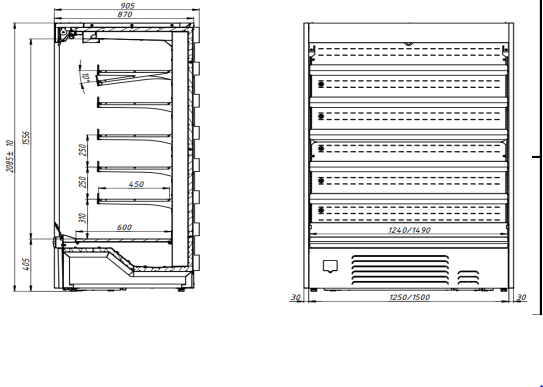 Пристенная вертикальная холодильная витрина (регал) Juka ADI125 (без боковых панелей)